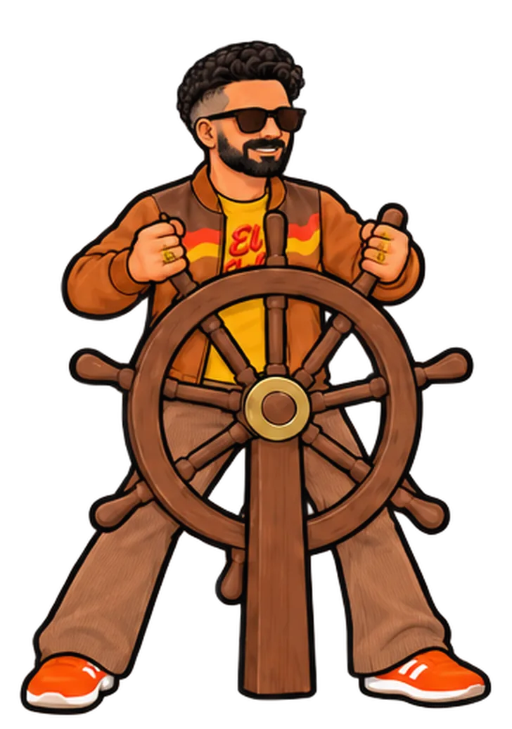 Illustration of Johnny Tellez steering a ship's wheel